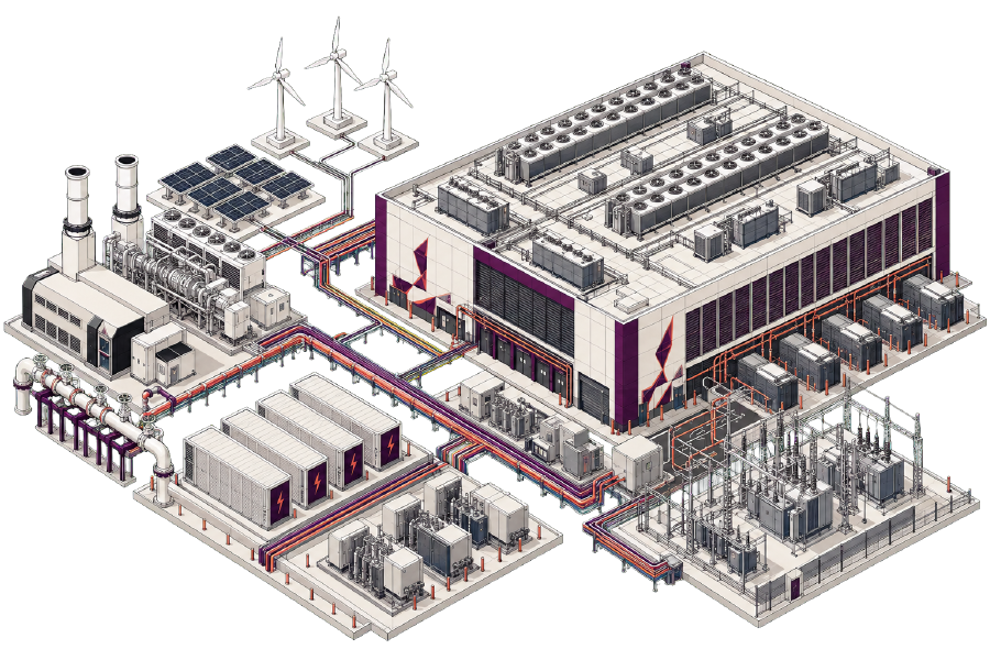 Isometric illustration of gas, renewables and battery storage powering a data centre