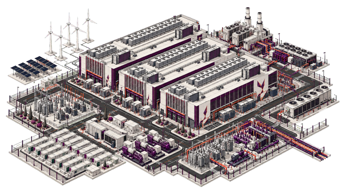 Isometric illustration of an integrated hyperscale data-centre campus with on-site power, renewables and storage