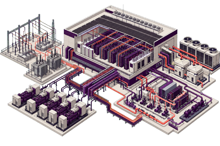 Isometric illustration of data-centre power and cooling infrastructure